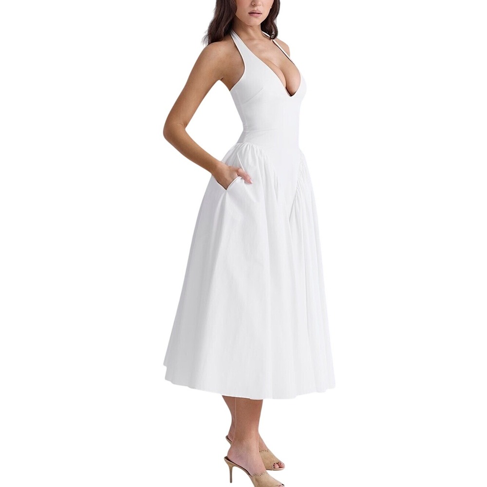 House of CB Marilyn Ivory Open Back Halter Dress Midi Pleated Skirt - Size S - Picture 3 of 16